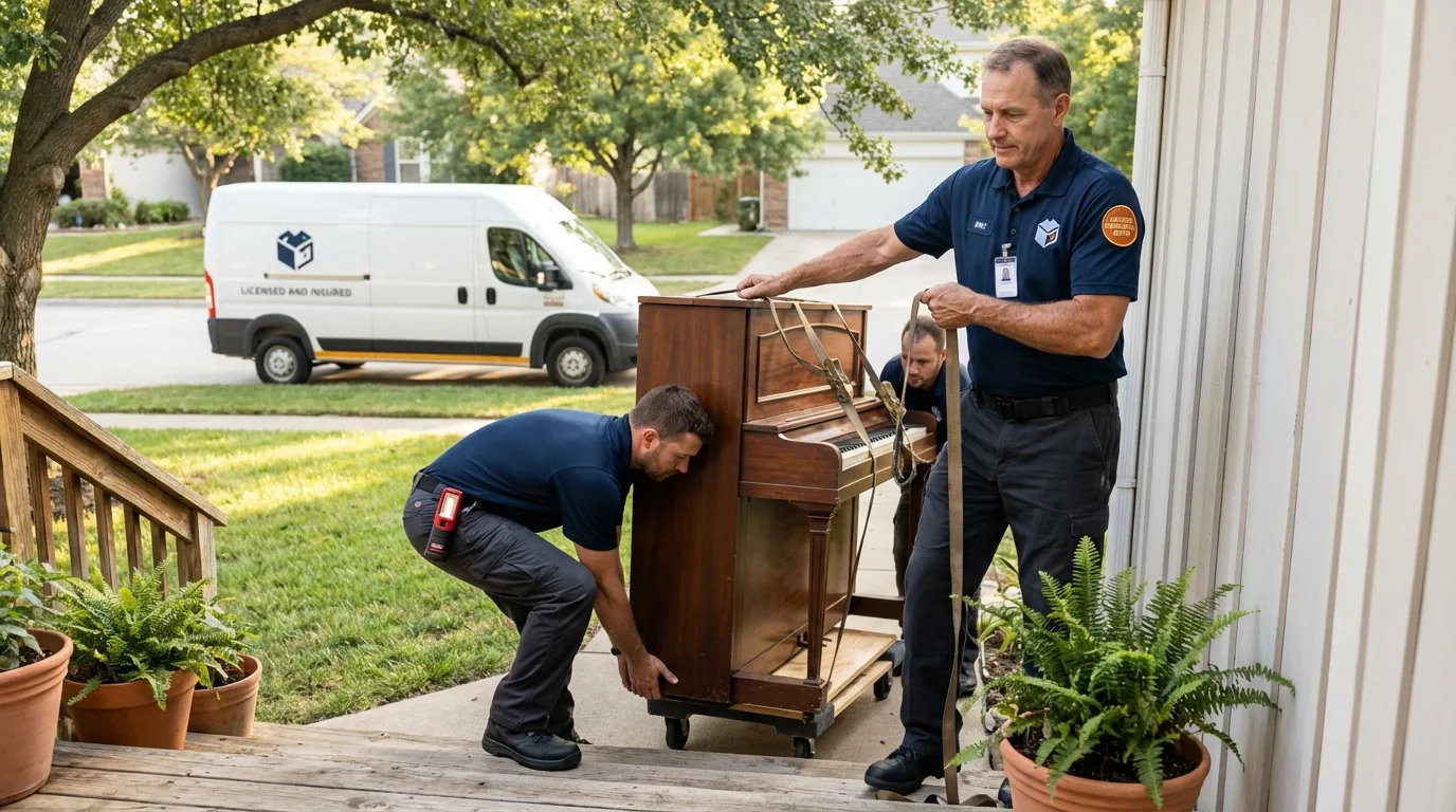 Licensed piano movers securing grand piano in Westfield Center, OH