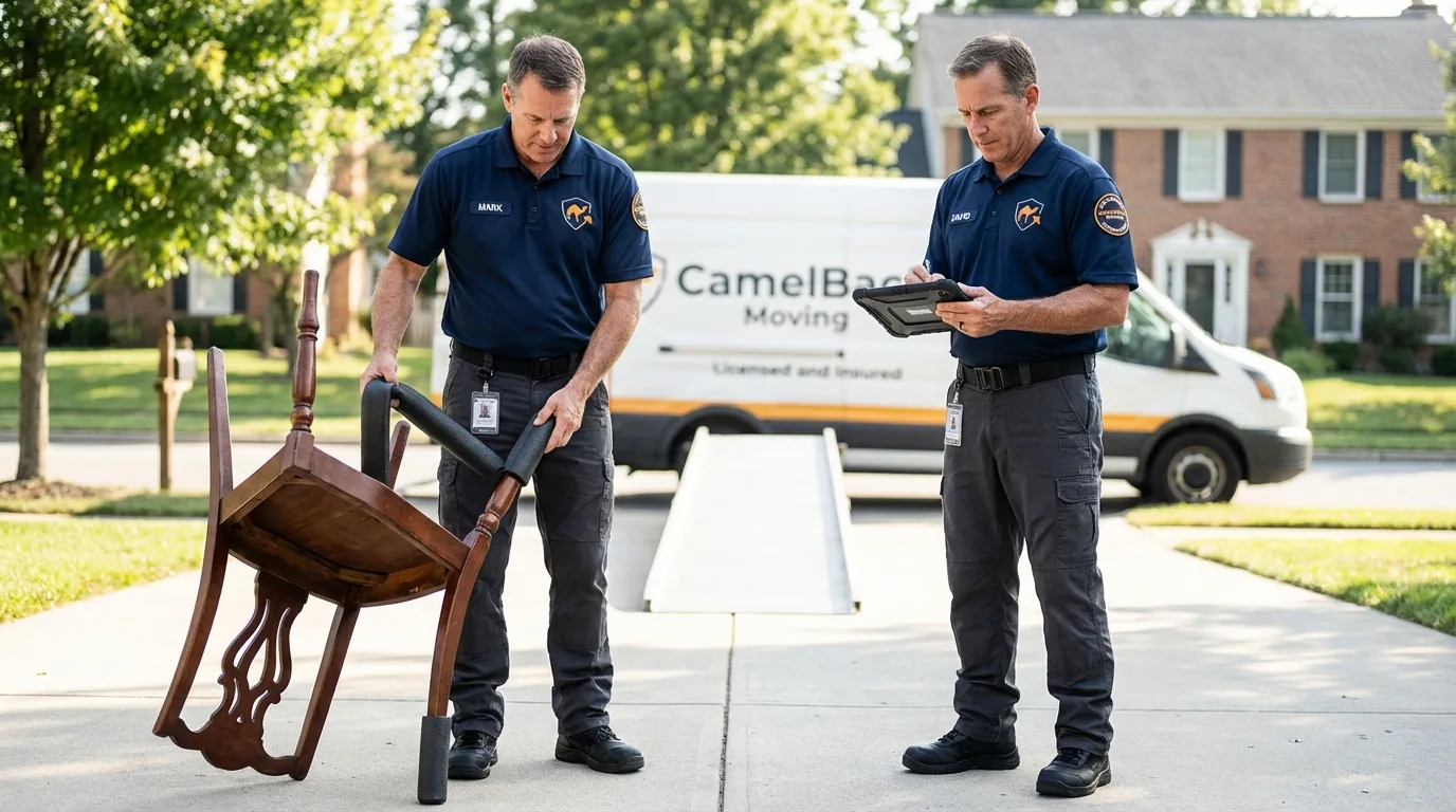 Movers inspecting furniture for damage prevention before loading in Westfield Center, OH