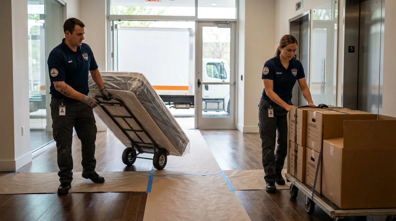 Professional apartment movers loading elevator in Westfield Center, OH