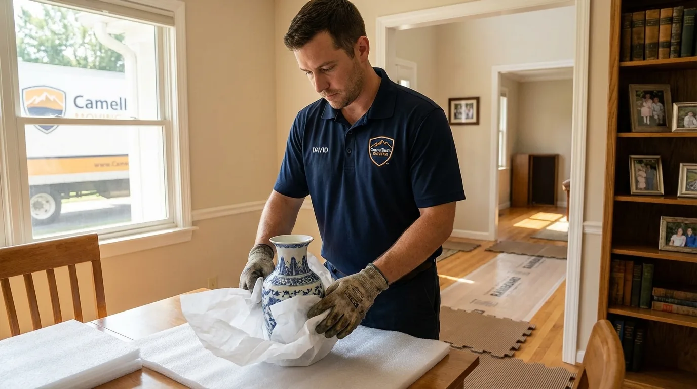 Professional crew carefully wrapping antique vase for senior downsizing move in Westfield Center, OH